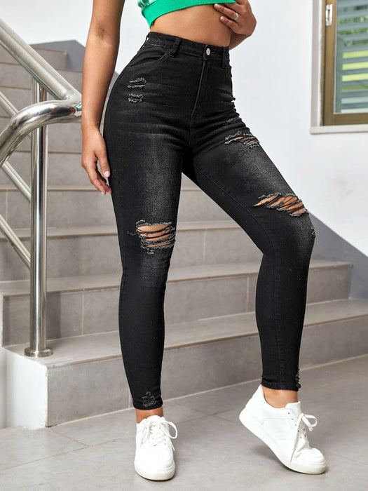 SHEIN EZwear Vaqueros ajustados con detalle roto - Quierox - Tienda Online