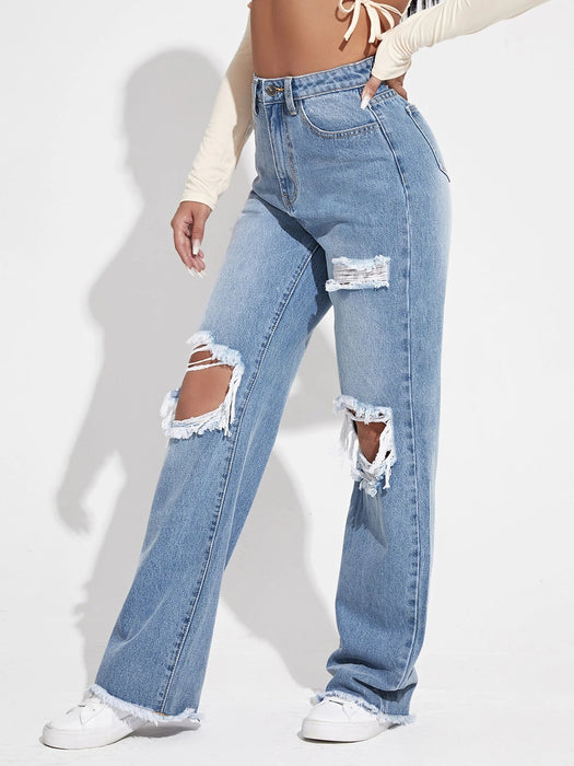 SHEIN EZwear - Vaqueros de verano para mujer, rasgados, con cortes y pernera ancha - Quierox - Tienda Online