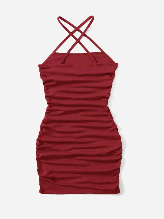 SHEIN EZwear Vestido halter cruzado con diseño fruncido - Quierox - Tienda Online