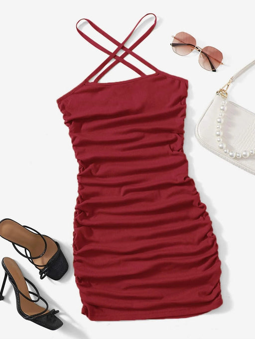 SHEIN EZwear Vestido halter cruzado con diseño fruncido - Quierox - Tienda Online