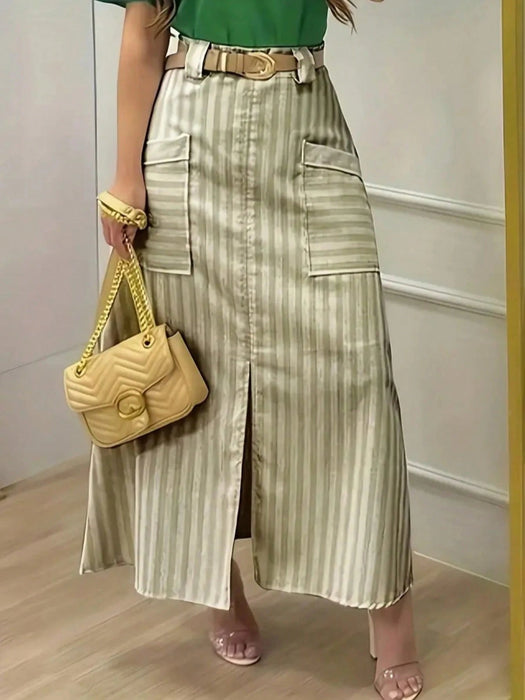 SHEIN Falda larga informal a rayas para mujer, tejido de poliéster sin elasticidad, con bolsillos - Quierox - Tienda Online