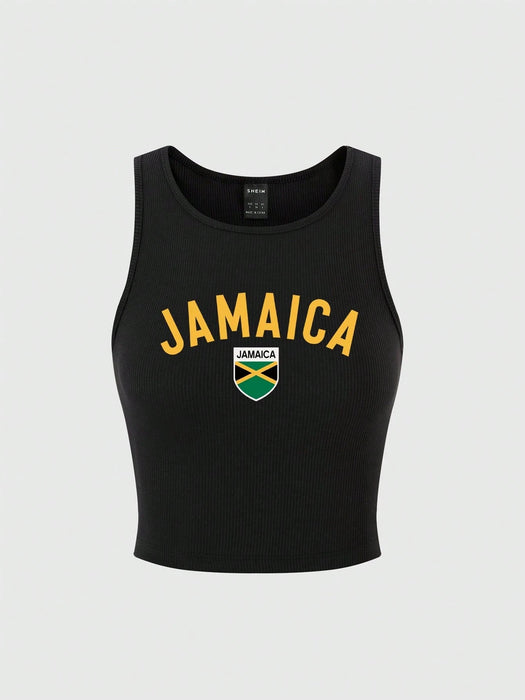 SHEIN Flirla Camiseta de tirantes negra con gráfico de la bandera de Jamaica para mujer - Quierox - Tienda Online