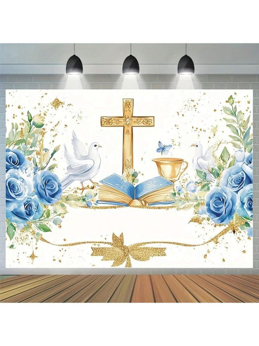 Shein Fondo de Vinilo con Cruz Dorada, Palomas y Flores Azules para Bautismo, Bodas o Cumpleaños 180*230cm - Quierox - Tienda Online