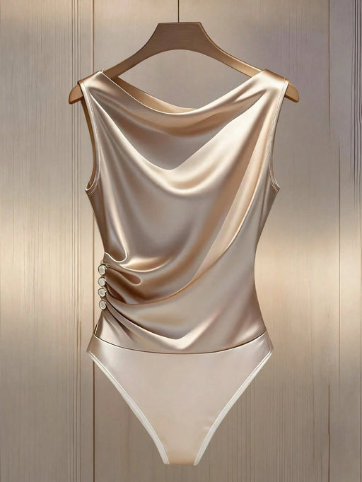 SHEIN Franclia Seductive Body color oro champán satinado sin mangas con escote drapeado a la moda - Quierox - Tienda Online