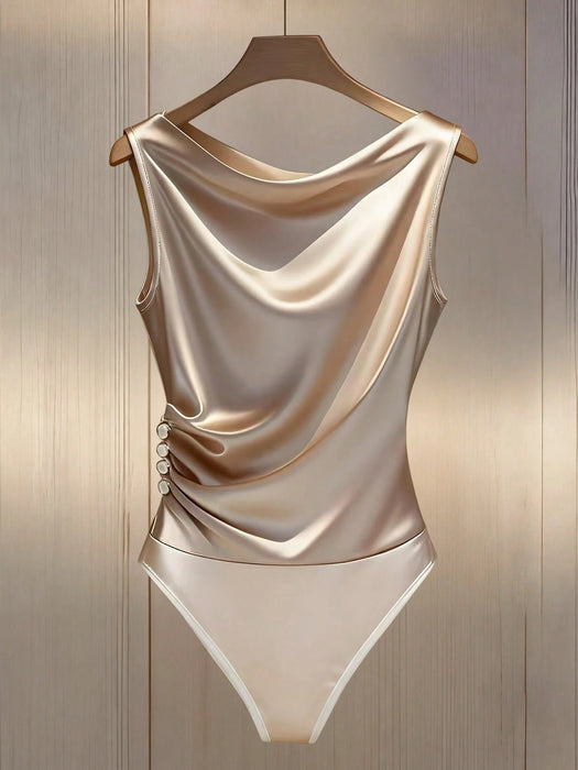 SHEIN Franclia Seductive Body color oro champán satinado sin mangas con escote drapeado a la moda - Quierox - Tienda Online