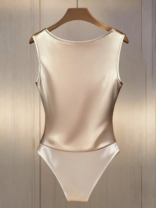 SHEIN Franclia Seductive Body color oro champán satinado sin mangas con escote drapeado a la moda - Quierox - Tienda Online