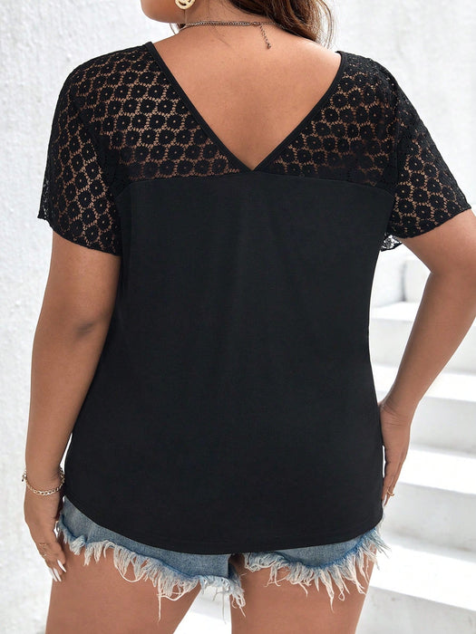 SHEIN Frenchy Top de manga raglán con encaje de contraste en talla grande, para el verano - Quierox - Tienda Online