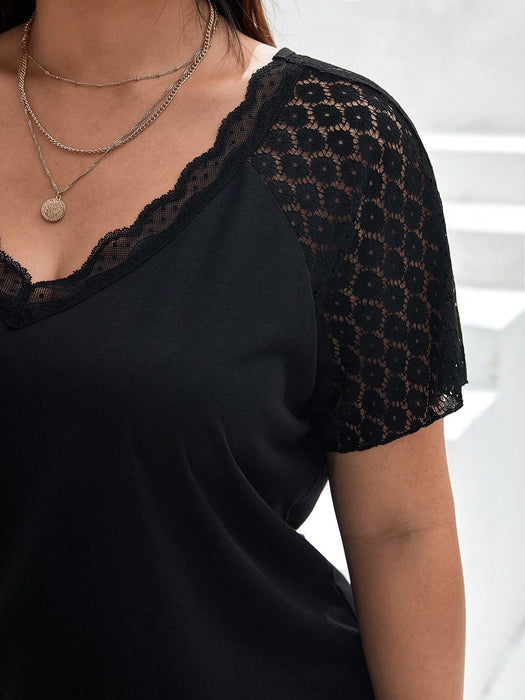 SHEIN Frenchy Top de manga raglán con encaje de contraste en talla grande, para el verano - Quierox - Tienda Online