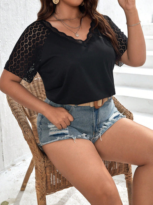 SHEIN Frenchy Top de manga raglán con encaje de contraste en talla grande, para el verano - Quierox - Tienda Online