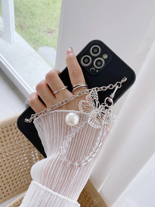 Shein Funda de teléfono con cadena de metal y colgante de perlas de mariposa para Huawei - Quierox - Tienda Online