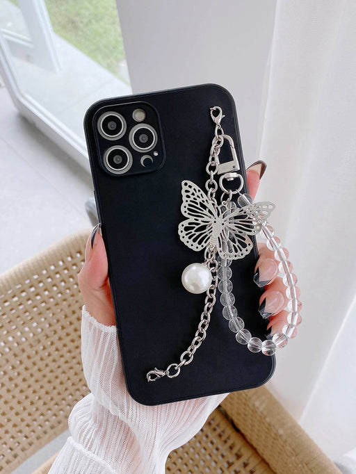 Shein Funda de teléfono con cadena de metal y colgante de perlas de mariposa para Huawei - Quierox - Tienda Online