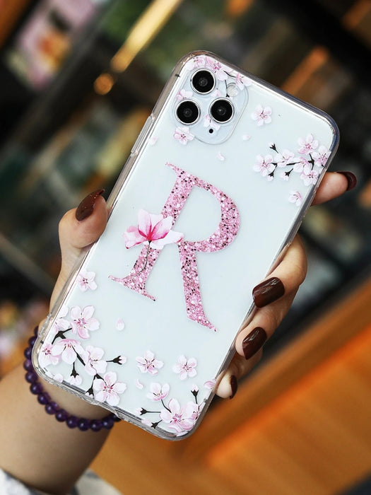 Shein Funda de teléfono transparente con gráfico de letra floral rosa manzana compatible con iPhone - Quierox - Tienda Online