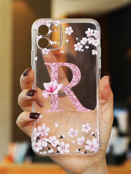 Shein Funda de teléfono transparente con gráfico de letra floral rosa manzana compatible con iPhone - Quierox - Tienda Online