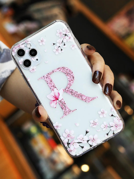 Shein Funda de teléfono transparente con gráfico de letra floral rosa manzana compatible con iPhone - Quierox - Tienda Online