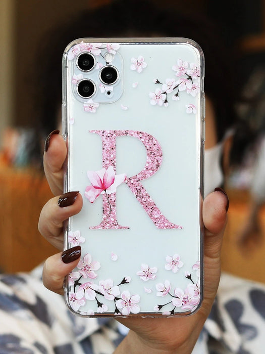 Shein Funda de teléfono transparente con gráfico de letra floral rosa manzana compatible con iPhone - Quierox - Tienda Online