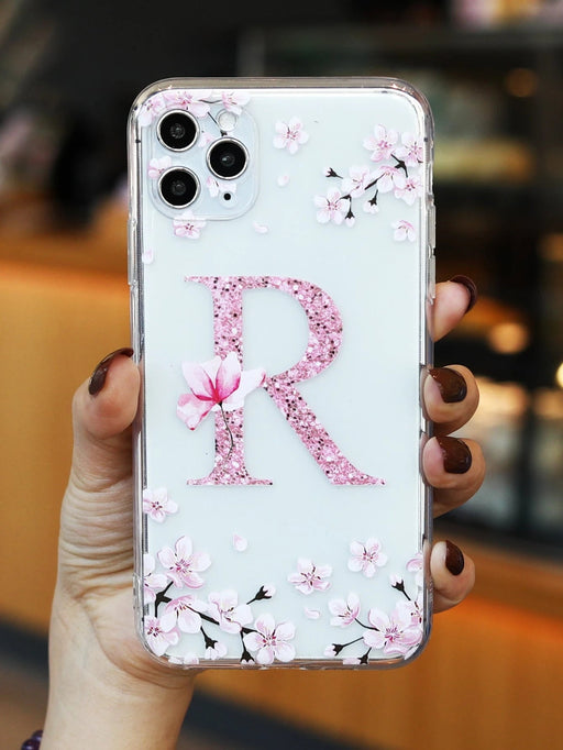 Shein Funda de teléfono transparente con gráfico de letra floral rosa manzana compatible con iPhone - Quierox - Tienda Online