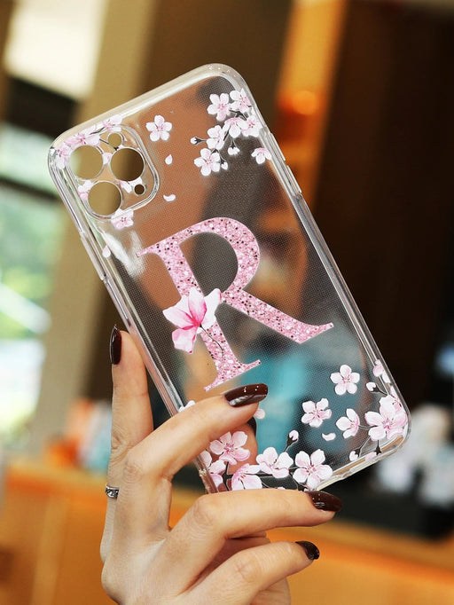 Shein Funda de teléfono transparente con gráfico de letra floral rosa manzana compatible con iPhone - Quierox - Tienda Online