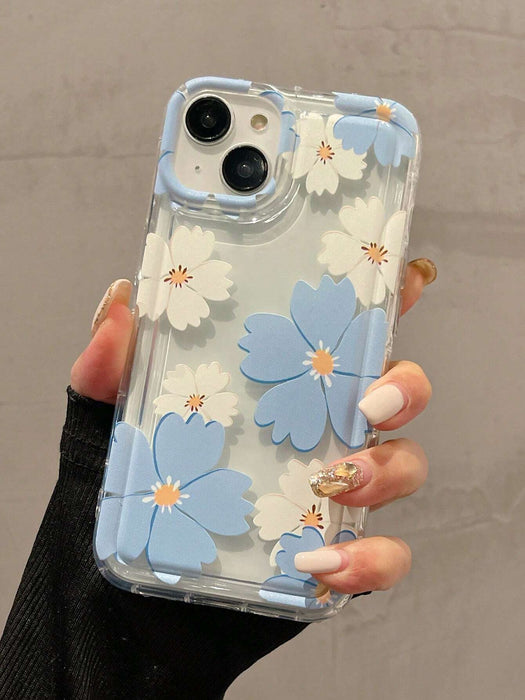 SHEIN Funda de TPU a prueba de golpes con estampado de flores blancas y azules para iPhone 15 - Quierox - Tienda Online