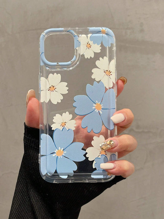 SHEIN Funda de TPU a prueba de golpes con estampado de flores blancas y azules para iPhone 15 - Quierox - Tienda Online