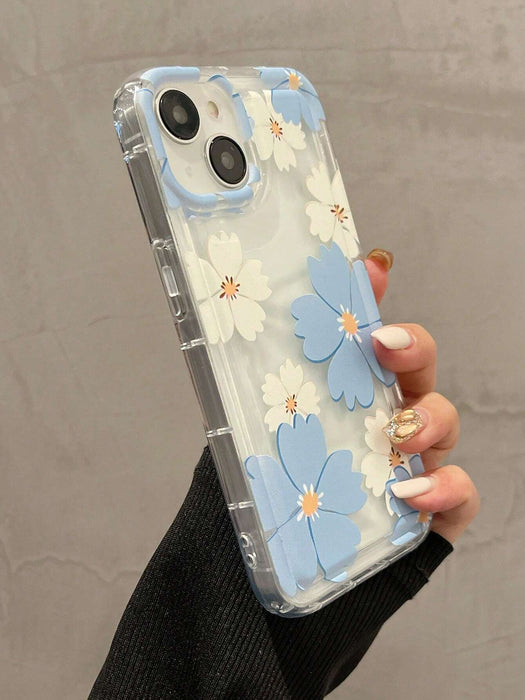 SHEIN Funda de TPU a prueba de golpes con estampado de flores blancas y azules para iPhone 15 - Quierox - Tienda Online
