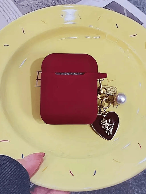 Shein Funda para auriculares con colgante de perla sintética en forma de corazón y flor color burdeos y rojo - Quierox - Tienda Online