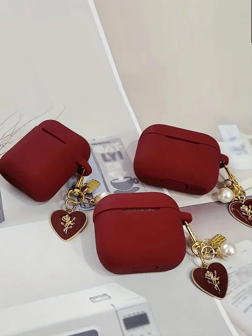 Shein Funda para auriculares con colgante de perla sintética en forma de corazón y flor color burdeos y rojo - Quierox - Tienda Online