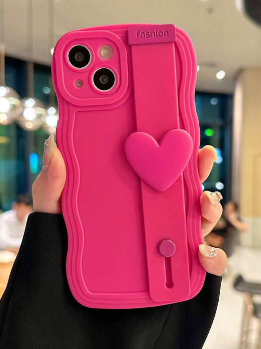 Shein Funda para teléfono lisa de neón rosa con soporte para pulsera con decoración de corazón - Quierox - Tienda Online
