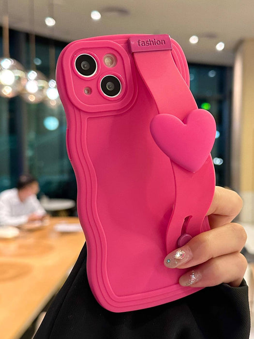 Shein Funda para teléfono lisa de neón rosa con soporte para pulsera con decoración de corazón - Quierox - Tienda Online
