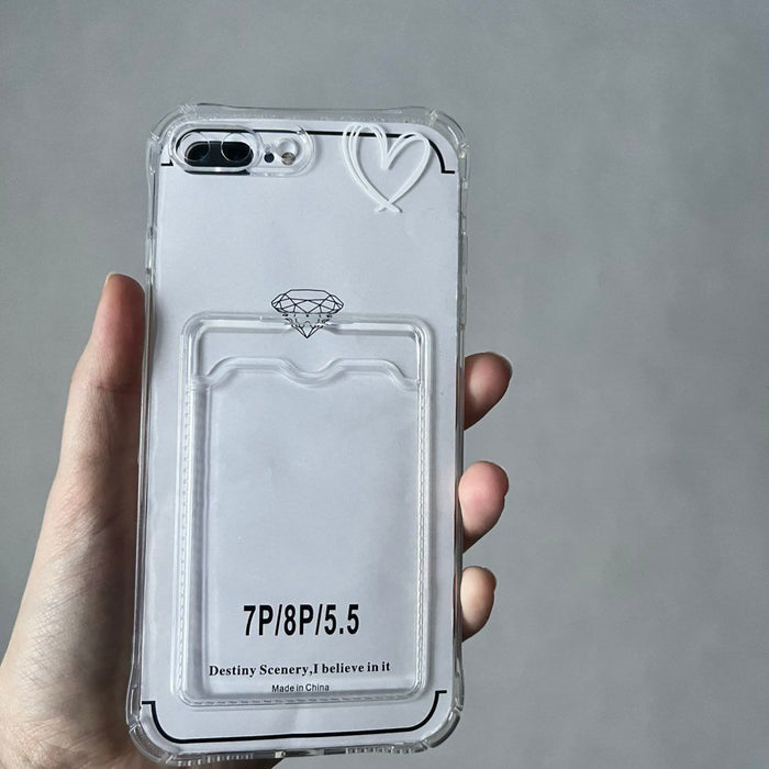 Shein Funda transparente con bolsillo para tarjetas y dibujo de corazon blanco para iphone - Quierox - Tienda Online