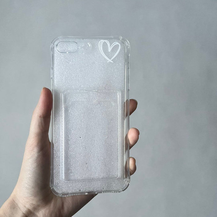 Shein Funda transparente con bolsillo para tarjetas y dibujo de corazon blanco para iphone - Quierox - Tienda Online
