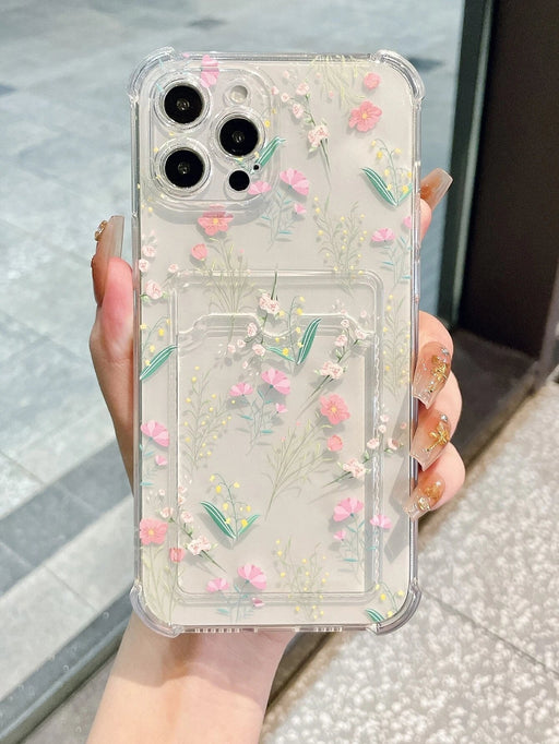 Shein Funda transparente para teléfono con ranura para tarjetas y estampado de flores - Quierox - Tienda Online