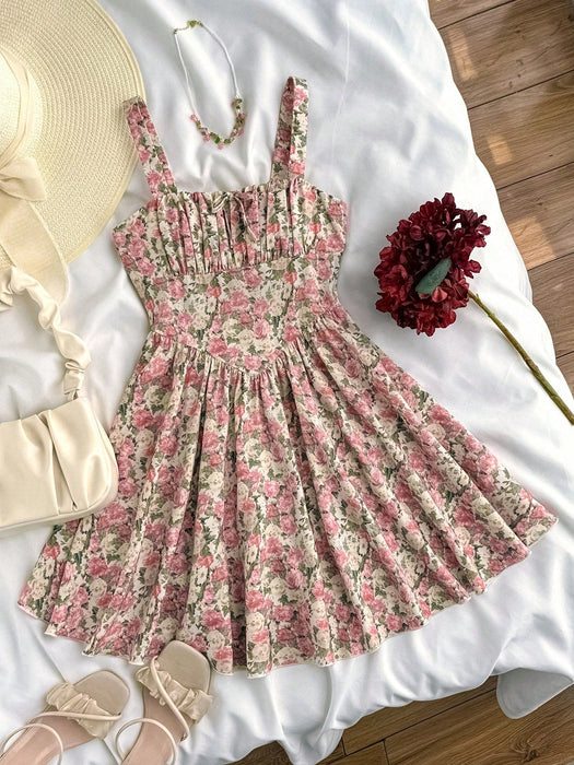SHEIN Girlism Vestido rosa con estampado floral y escote fruncido para niñas preadolescentes - Quierox - Tienda Online
