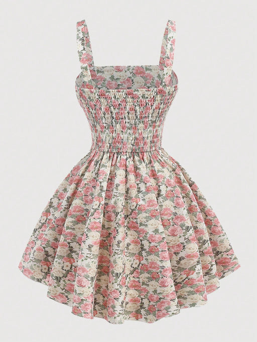 SHEIN Girlism Vestido rosa con estampado floral y escote fruncido para niñas preadolescentes - Quierox - Tienda Online