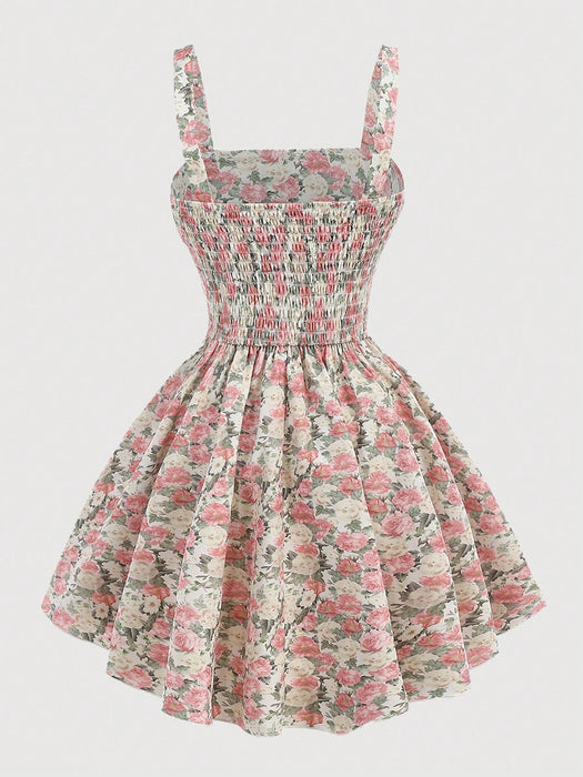 SHEIN Girlism Vestido rosa con estampado floral y escote fruncido para niñas preadolescentes - Quierox - Tienda Online