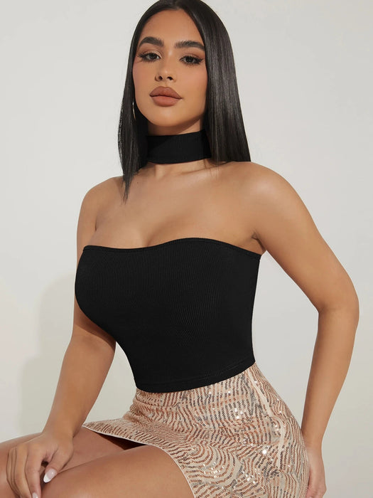 SHEIN Hauture Top halter de moda de punto acanalado de 2 formas, de color sólido - Quierox - Tienda Online