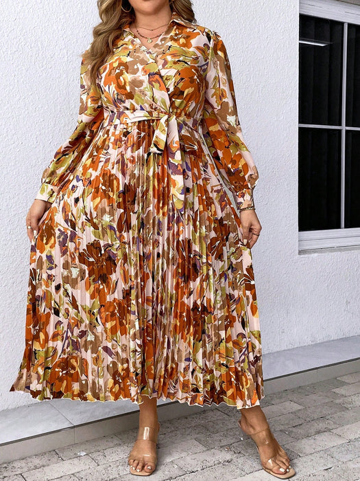 SHEIN Holidaya Vestido plisado con cinturón y estampado floral de talla grande - Quierox - Tienda Online