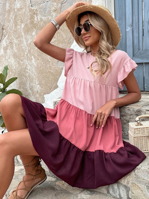 SHEIN Holidaya Vestido smock de color combinado de manga con volante bajo - Quierox - Tienda Online