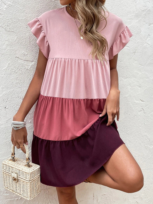 SHEIN Holidaya Vestido smock de color combinado de manga con volante bajo - Quierox - Tienda Online