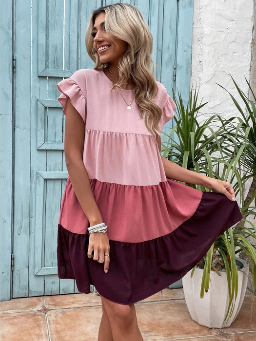 SHEIN Holidaya Vestido smock de color combinado de manga con volante bajo - Quierox - Tienda Online