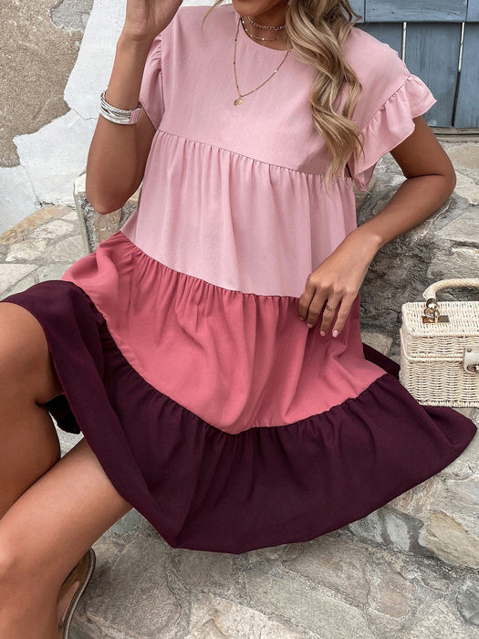 SHEIN Holidaya Vestido smock de color combinado de manga con volante bajo - Quierox - Tienda Online