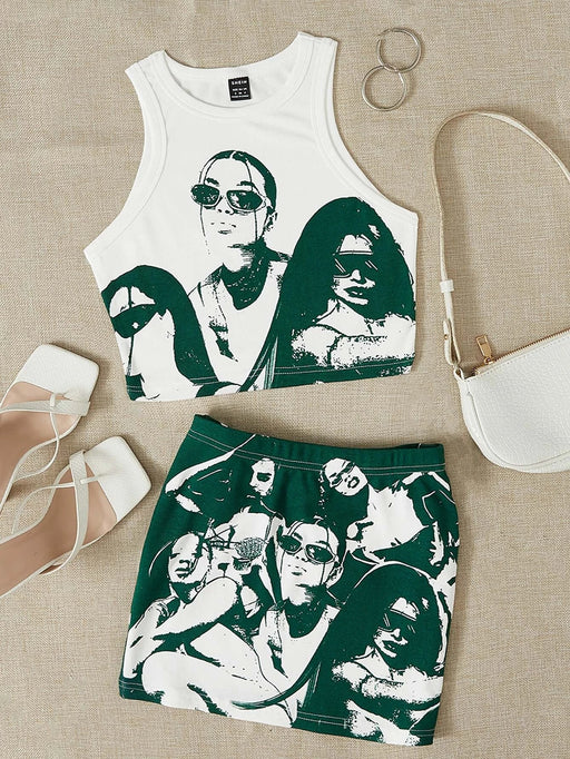 SHEIN ICON Conjunto de camiseta sin mangas y falda ajustada con gráfico de los años 90 - Quierox - Tienda Online