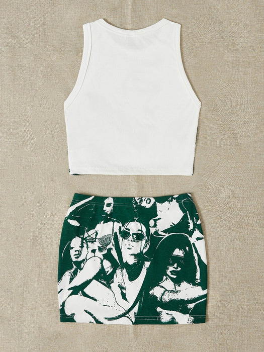 SHEIN ICON Conjunto de camiseta sin mangas y falda ajustada con gráfico de los años 90 - Quierox - Tienda Online