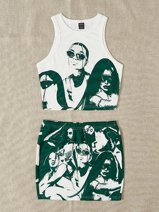 SHEIN ICON Conjunto de camiseta sin mangas y falda ajustada con gráfico de los años 90 - Quierox - Tienda Online