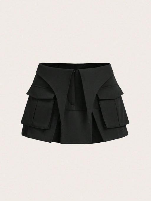 SHEIN ICON Falda Mini Negra Plegada Con Dobladillo Y Bolsillos Con Solapa - Quierox - Tienda Online
