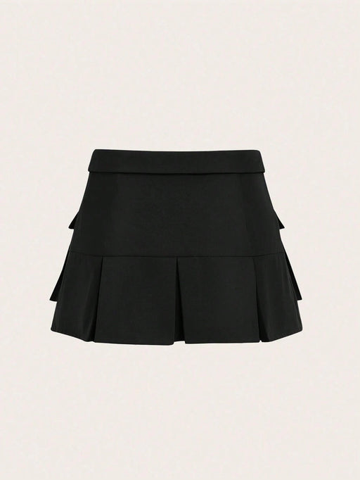 SHEIN ICON Falda Mini Negra Plegada Con Dobladillo Y Bolsillos Con Solapa - Quierox - Tienda Online