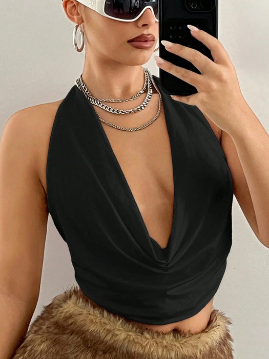 SHEIN ICON Top sexy sin mangas con cuello drapeado, espalda descubierta, liso y anudado al cuello - Quierox - Tienda Online