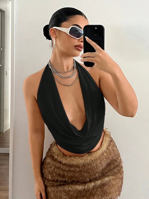 SHEIN ICON Top sexy sin mangas con cuello drapeado, espalda descubierta, liso y anudado al cuello - Quierox - Tienda Online