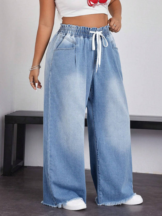 SHEIN ICON Vaqueros boyfriend holgados de pierna ancha con bolsillo y cintura con cordón - Quierox - Tienda Online