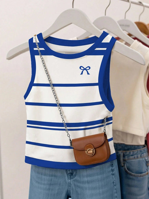 SHEIN INAWLY Camiseta de tirantes informal de cuello redondo con estampado de lazo y rayas para mujer - Quierox - Tienda Online