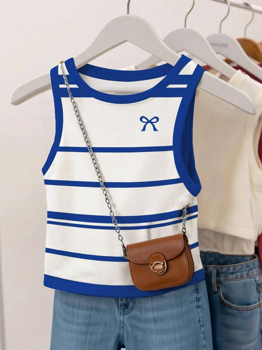 SHEIN INAWLY Camiseta de tirantes informal de cuello redondo con estampado de lazo y rayas para mujer - Quierox - Tienda Online